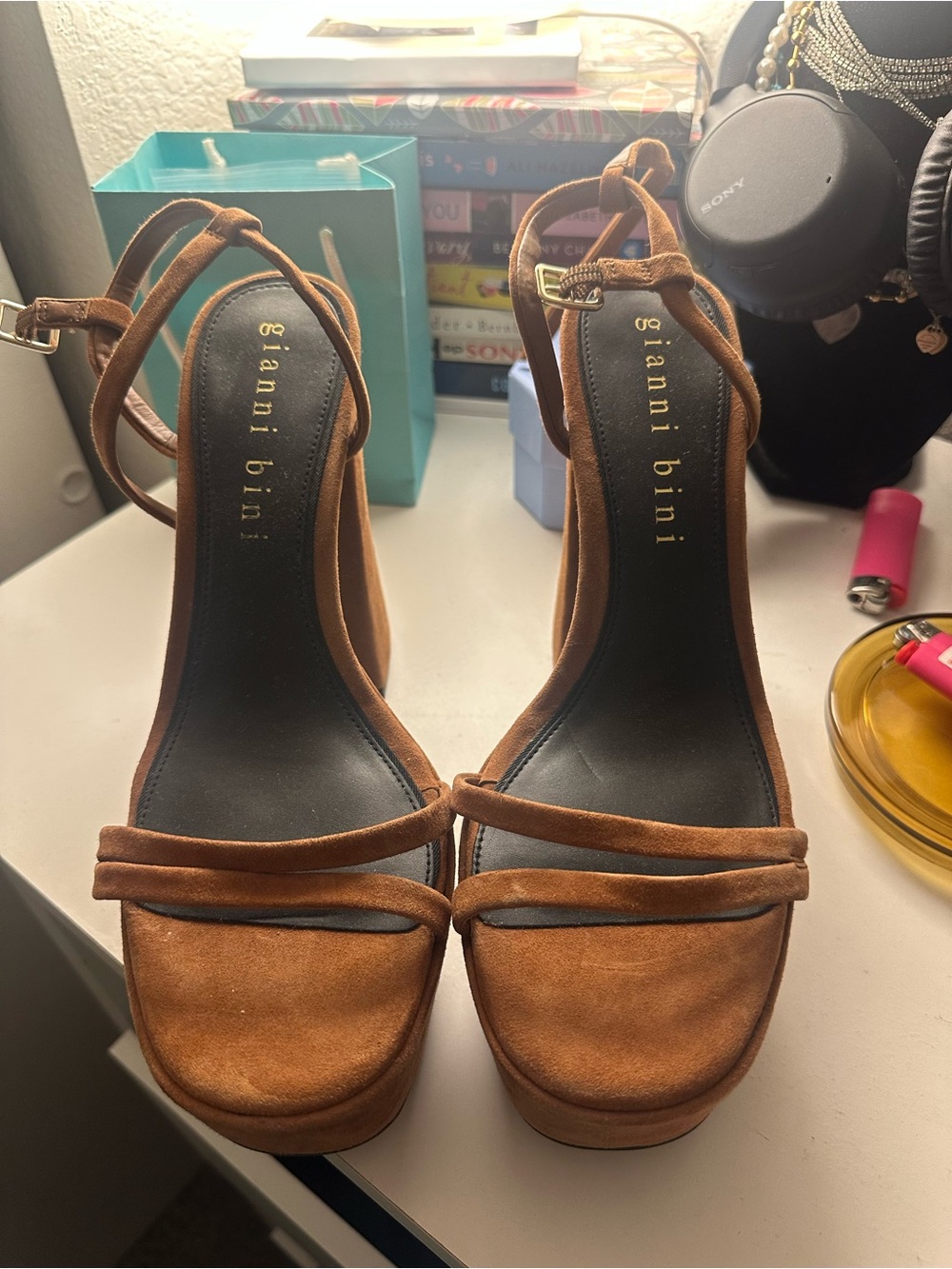 Gianni Bini Tan Suede Double-Strap Platform Heels